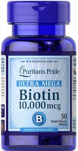 Біотин вітаміни для волосся Puritan's Pride Biotin 10 000 мкг 50 капсул 100-51-6525722-20 фото