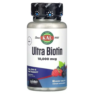 Ультра-біотин вітаміни для волосся KAL Ultra Biotin 10000 мкг - 60 смоктальних таблеток CAL-23425 фото